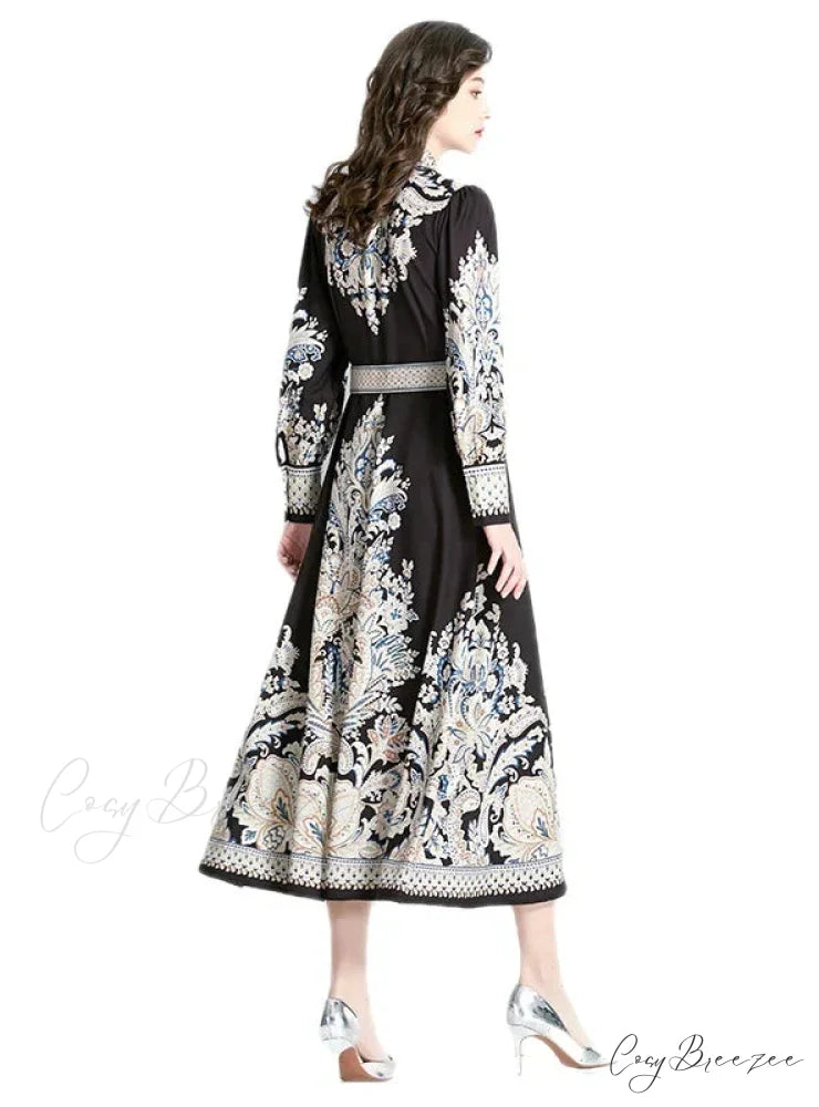 Vintage Lapel Lantern Sleeve Printed Dress M / WHITE