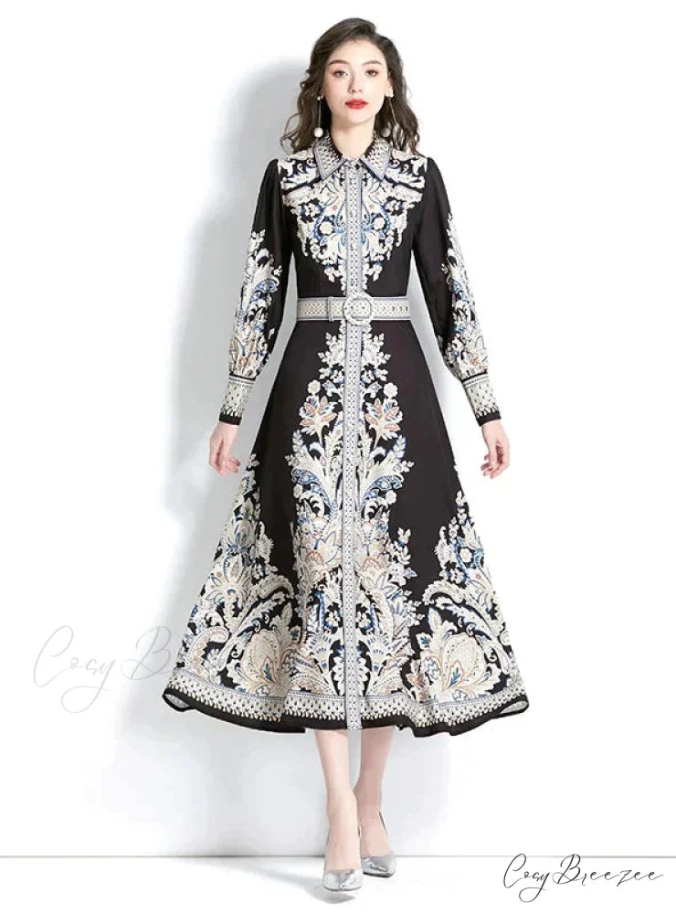 Vintage Lapel Lantern Sleeve Printed Dress S / BLACK