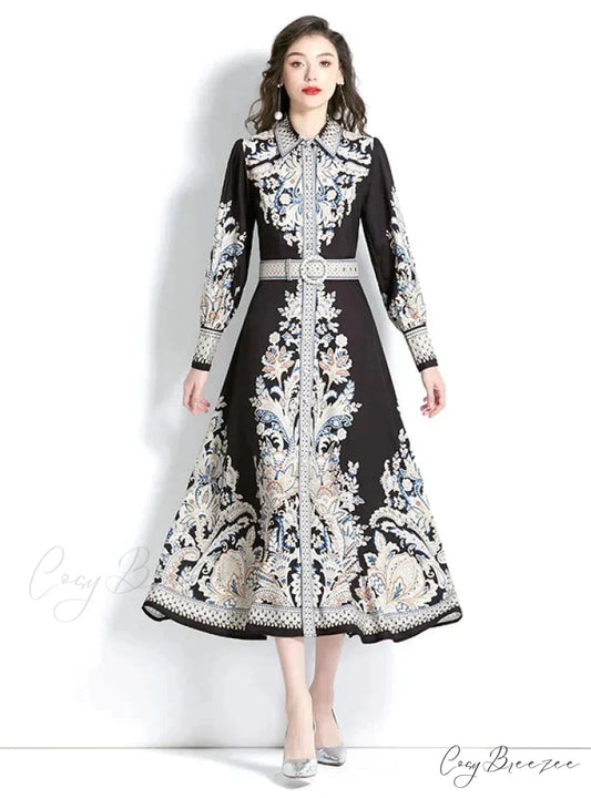 Vintage Lapel Lantern Sleeve Printed Dress S / BLACK