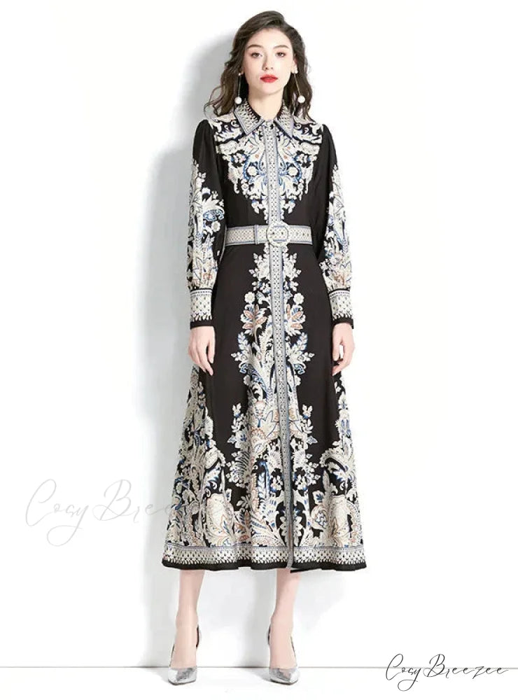 Vintage Lapel Lantern Sleeve Printed Dress S / WHITE
