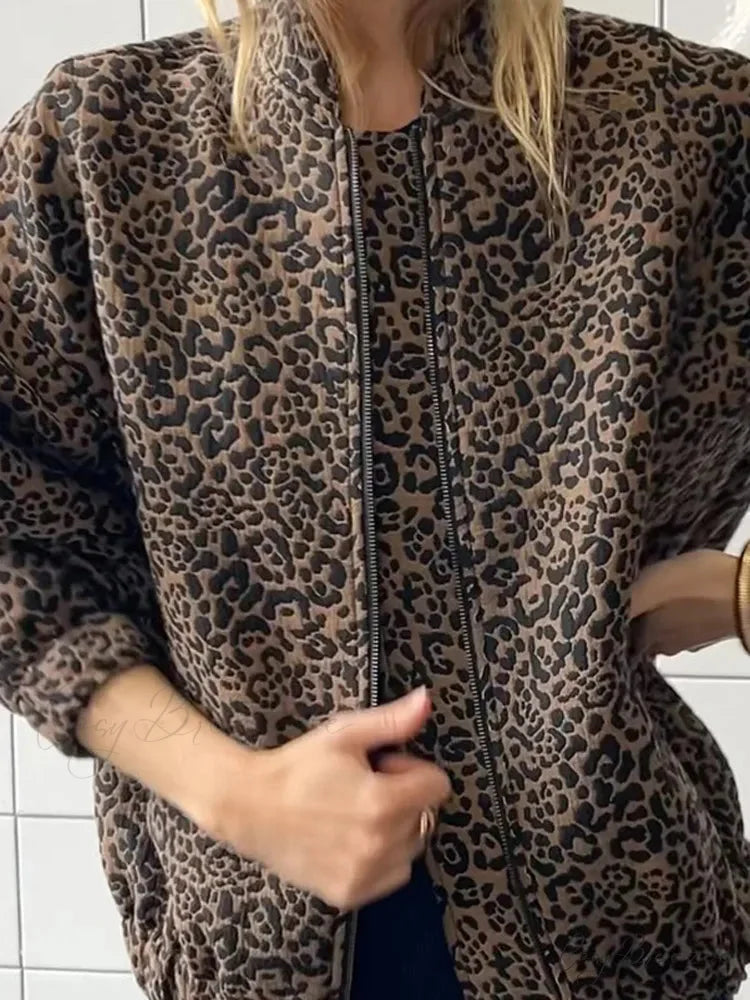 Vintage Leopard Print Zipper Coat coats-241228