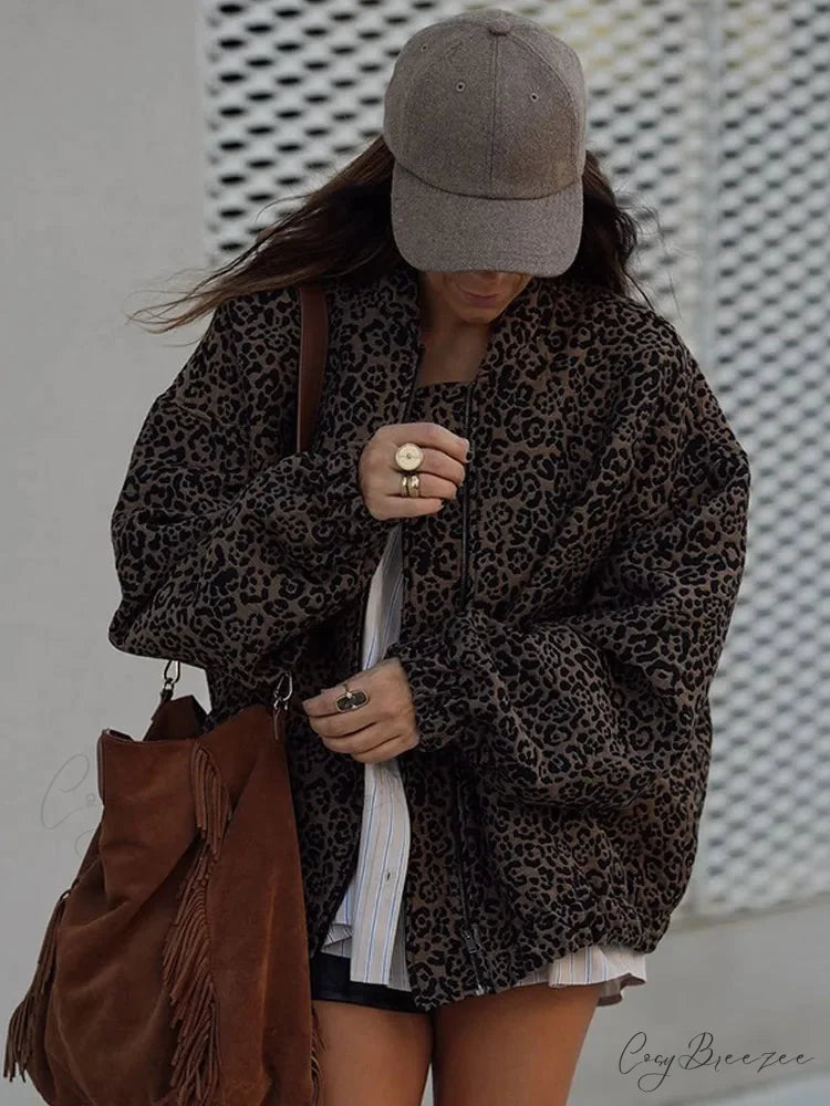 Vintage Leopard Print Zipper Coat Leopard print / S coats-241228