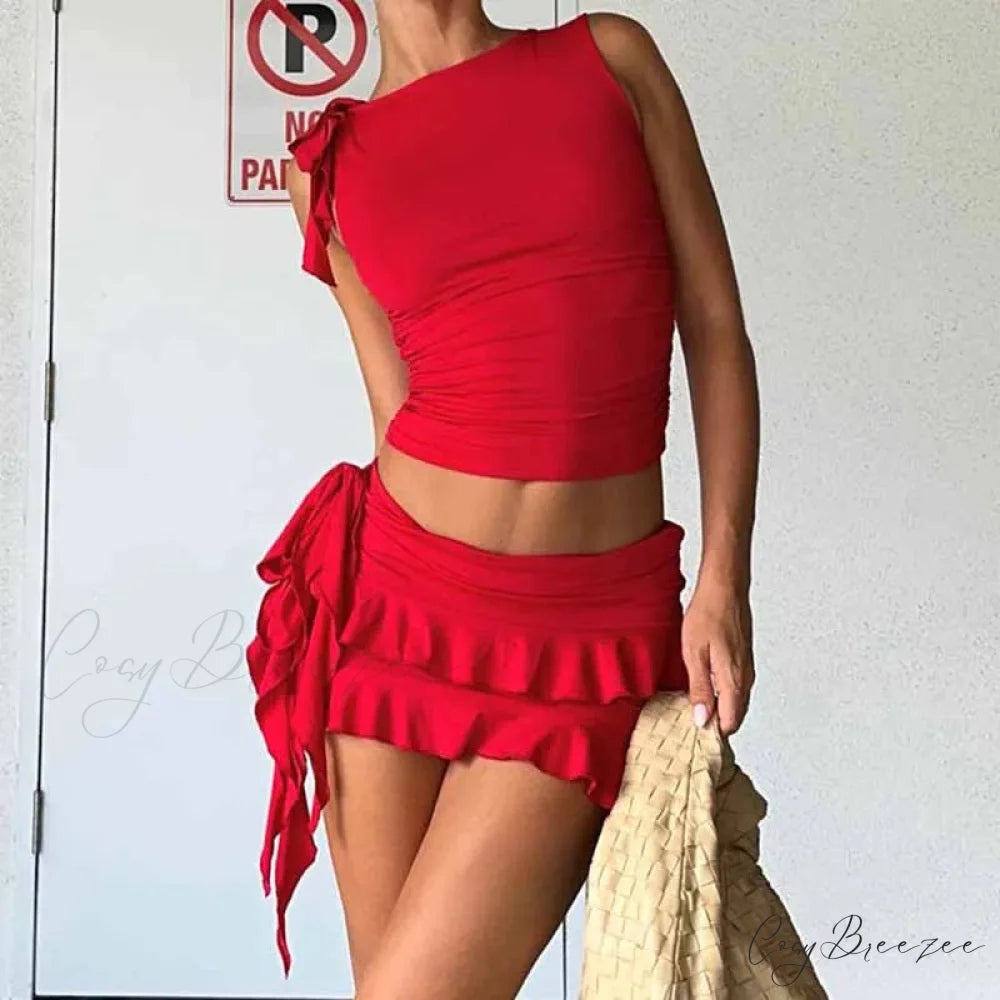 Vintage Lettuce Edge Tie Up Crop Top + Ruched Mini Skirt Set Red / S twopiecesset-250126