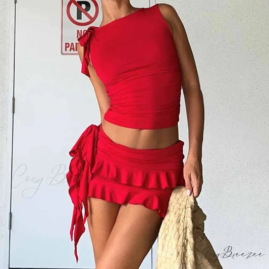 Vintage Lettuce Edge Tie Up Crop Top + Ruched Mini Skirt Set Red / S twopiecesset-250126