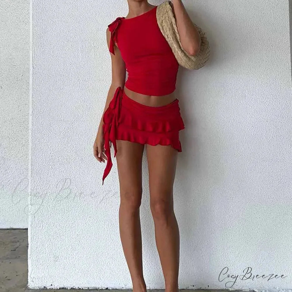 Vintage Lettuce Edge Tie Up Crop Top + Ruched Mini Skirt Set twopiecesset-250126