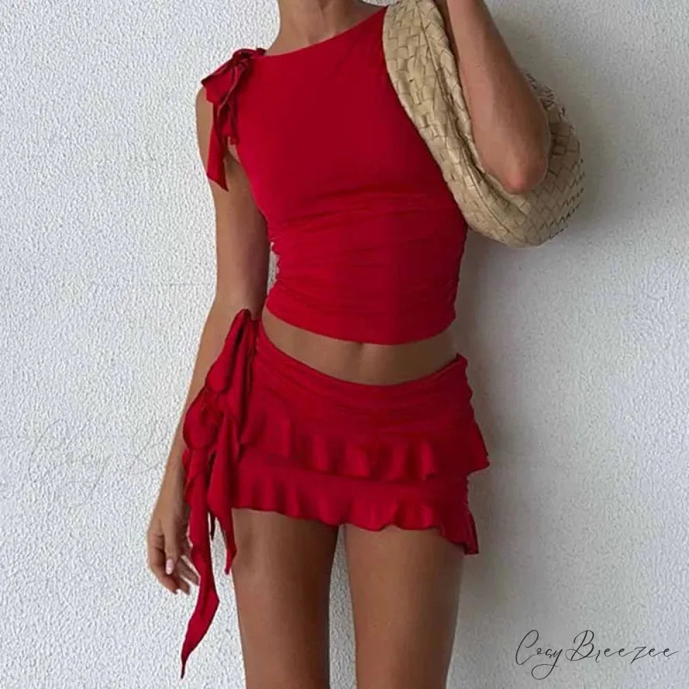 Vintage Lettuce Edge Tie Up Crop Top + Ruched Mini Skirt Set twopiecesset-250126