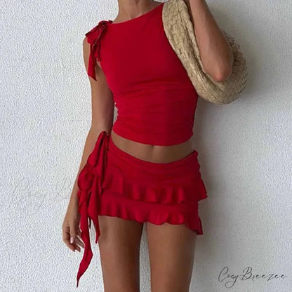 Vintage Lettuce Edge Tie Up Crop Top + Ruched Mini Skirt Set twopiecesset-250126