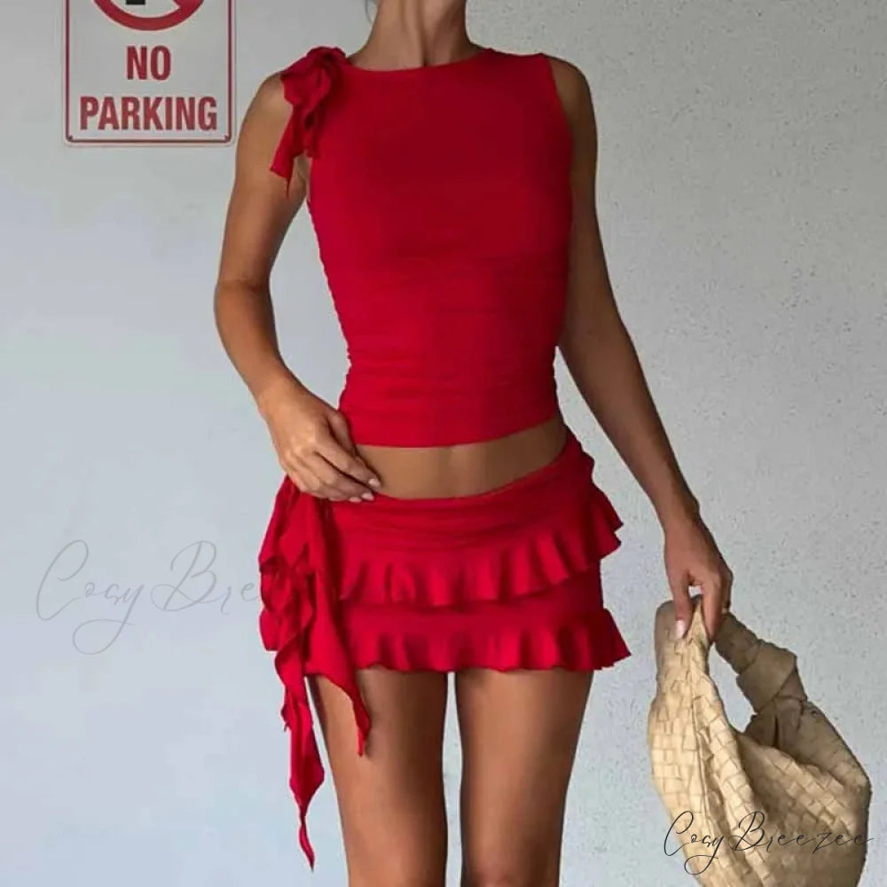Vintage Lettuce Edge Tie Up Crop Top + Ruched Mini Skirt Set twopiecesset-250126