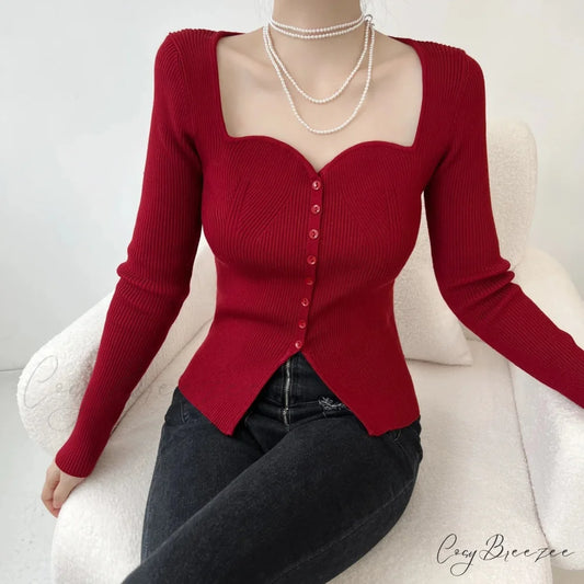 Vintage Long Sleeve Square Collar Slim Fashion Red Christmas Sweater Red / S