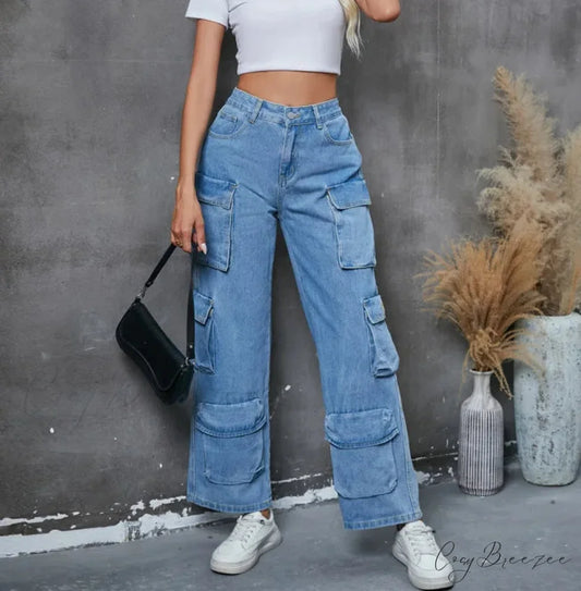 Vintage Loose Casual Middle Waist Hip Hop Straight Baggy Denim Jean Blue / S
