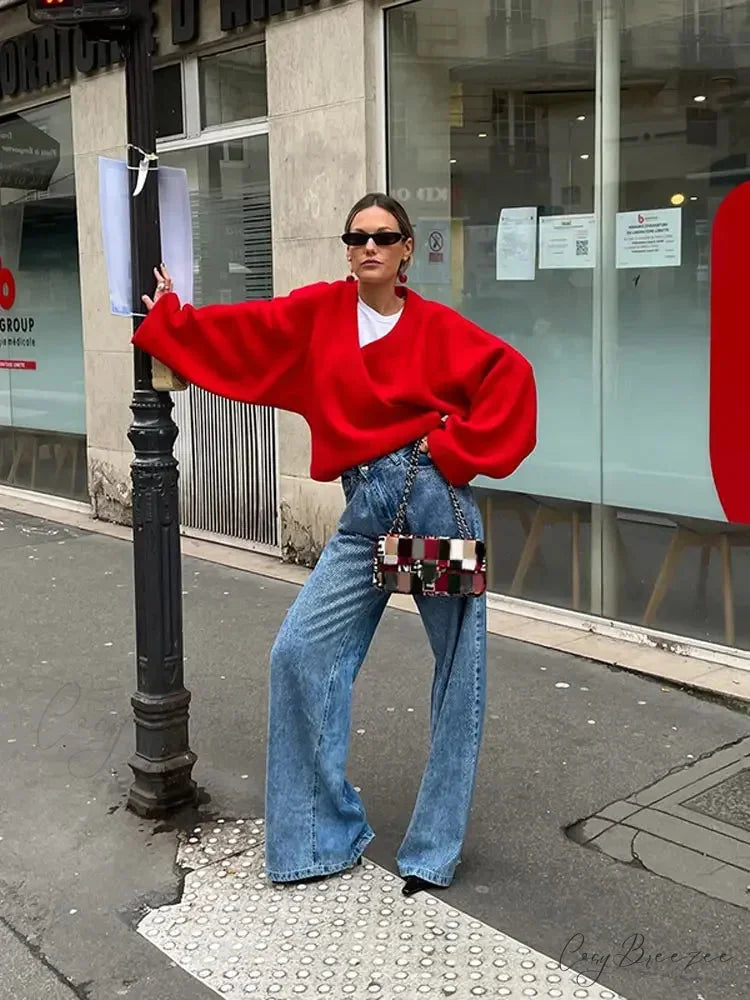 Vintage Loose Casual V Neck Long Sleeve Pullover Christmas Sweater