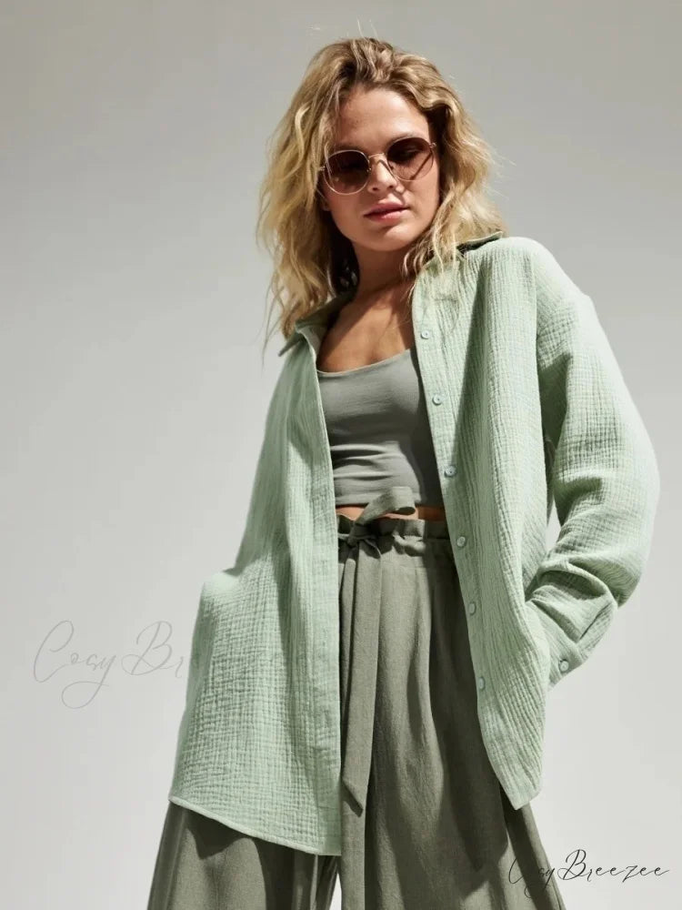 Vintage Loose Fit Shirt Light Green / S blouse-250223