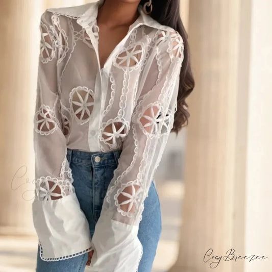 Vintage Loose Hollow Out Floral Embroidery Long Sleeve Crop Top WHITE / M blouse-250126