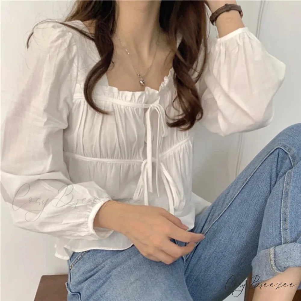 Vintage Loose White Ruffled Long Sleeve Crop Top blouse-250126