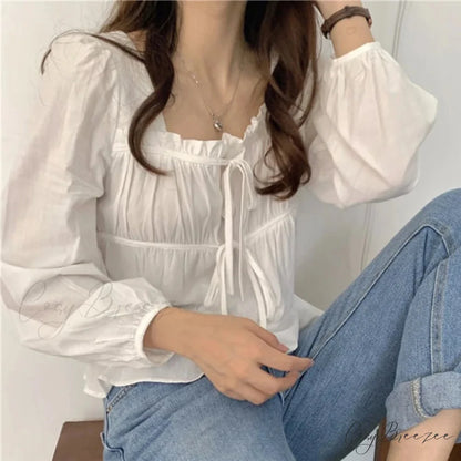 Vintage Loose White Ruffled Long Sleeve Crop Top blouse-250126