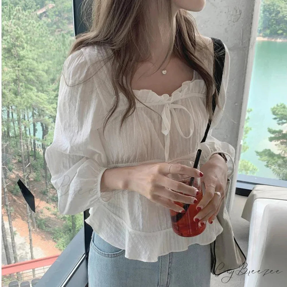 Vintage Loose White Ruffled Long Sleeve Crop Top blouse-250126
