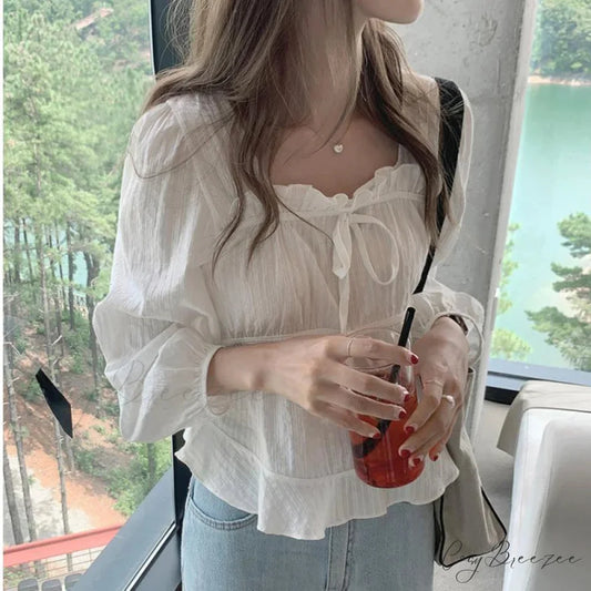 Vintage Loose White Ruffled Long Sleeve Crop Top blouse-250126