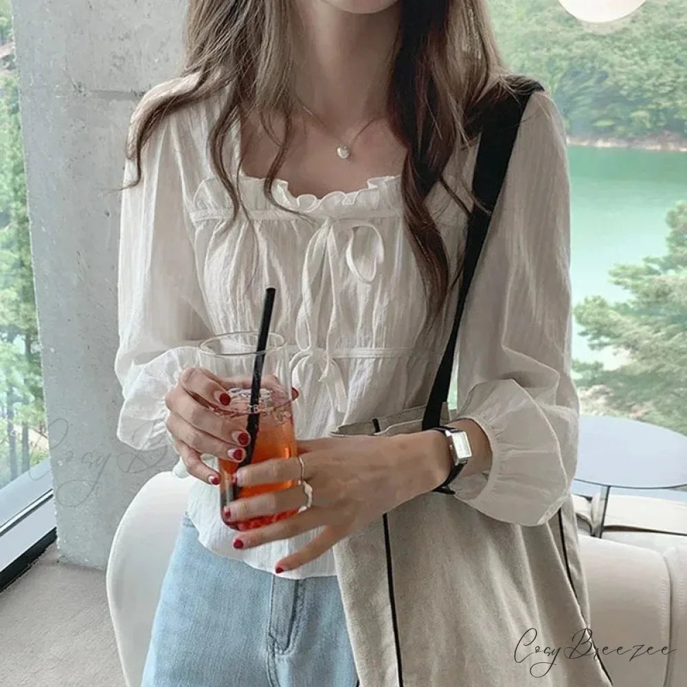 Vintage Loose White Ruffled Long Sleeve Crop Top blouse-250126
