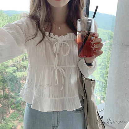Vintage Loose White Ruffled Long Sleeve Crop Top blouse-250126