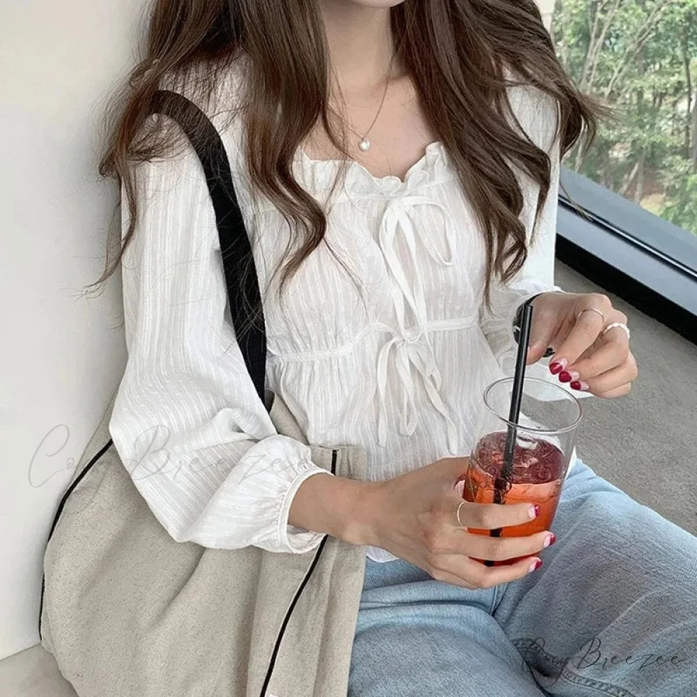 Vintage Loose White Ruffled Long Sleeve Crop Top blouse-250126