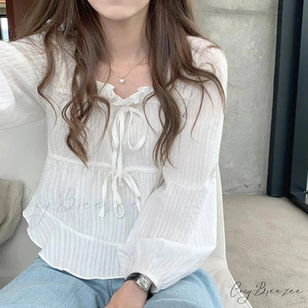 Vintage Loose White Ruffled Long Sleeve Crop Top blouse-250126