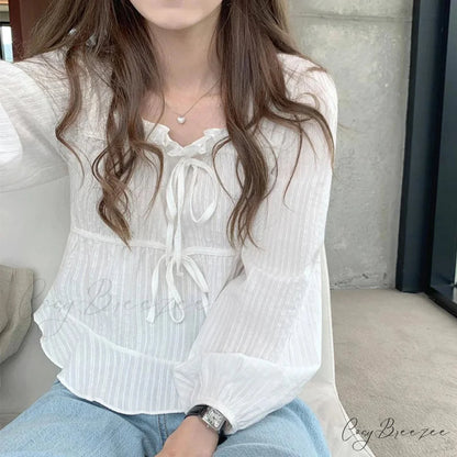 Vintage Loose White Ruffled Long Sleeve Crop Top blouse-250126
