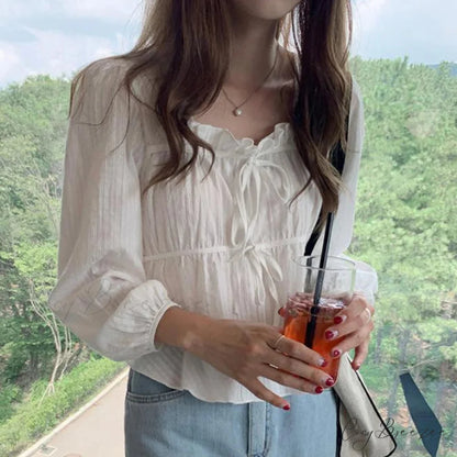 Vintage Loose White Ruffled Long Sleeve Crop Top WHITE / S blouse-250126
