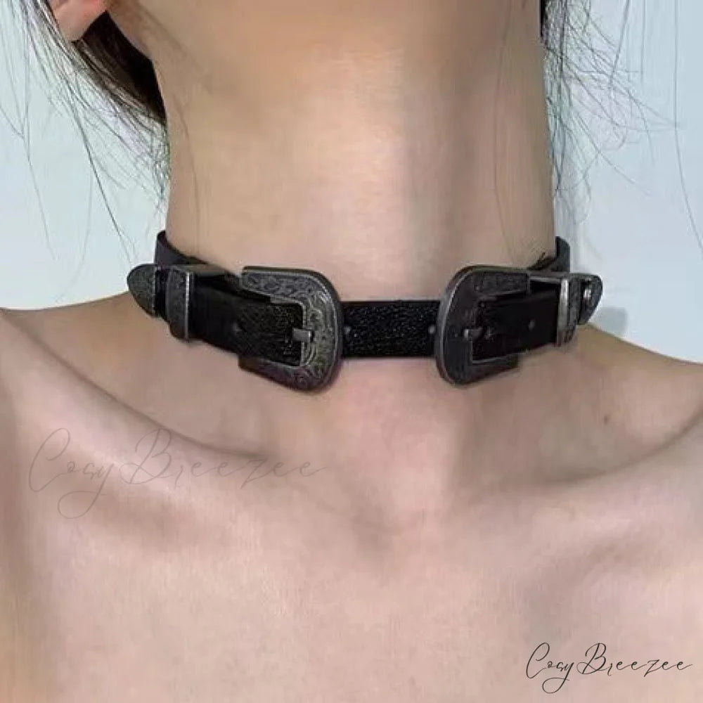 Vintage Metal Leather Y2K Punk Cool Gender-neutral Choker Necklace BLACK