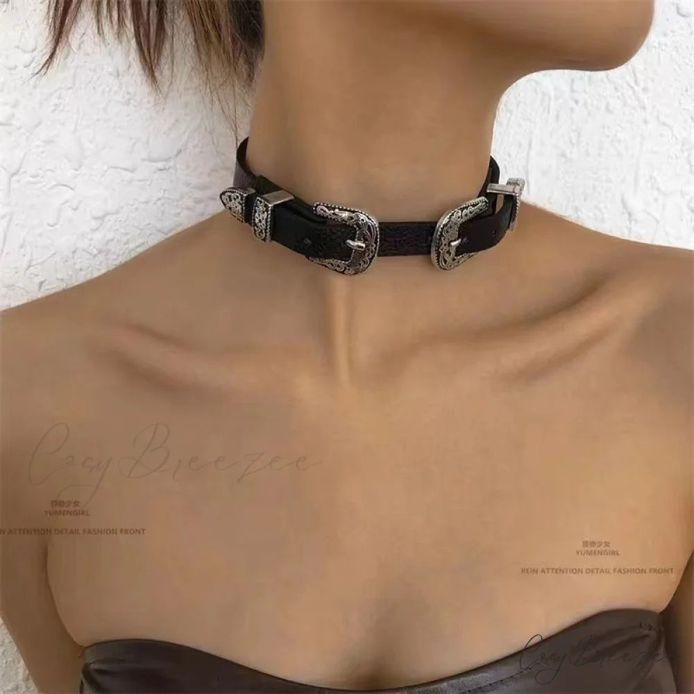 Vintage Metal Leather Y2K Punk Cool Gender-neutral Choker Necklace BLACK