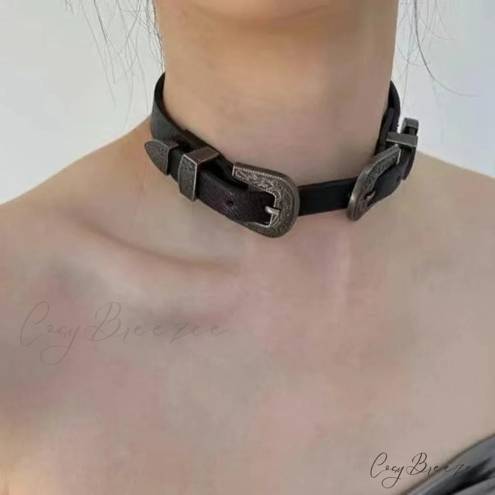 Vintage Metal Leather Y2K Punk Cool Gender-neutral Choker Necklace BLACK