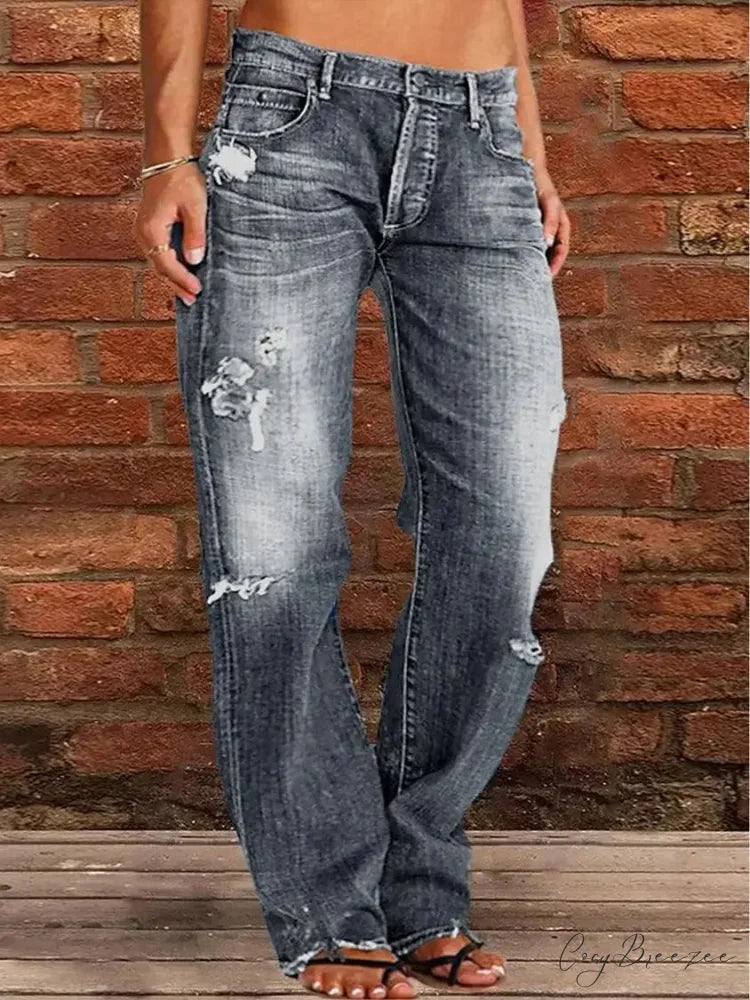 Vintage Middle-Waist Ripped Straight Blue Wide-Leg Denim Jean Grey / S