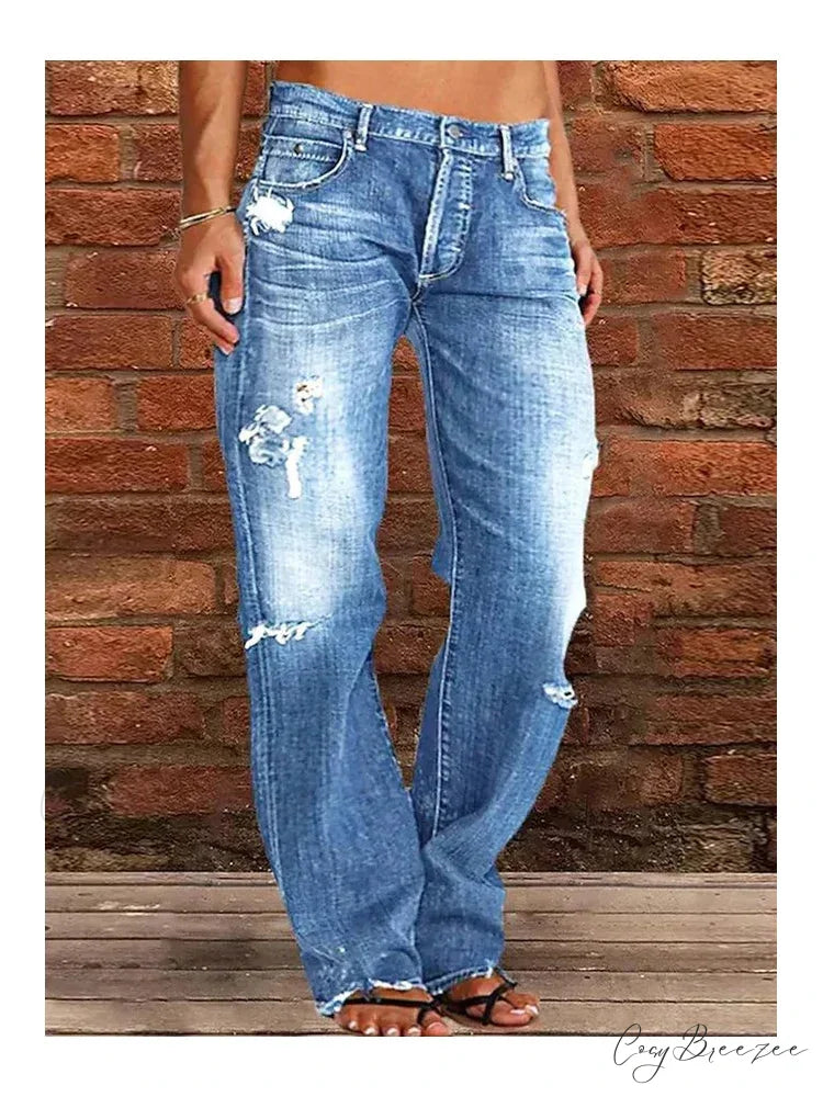 Vintage Middle-Waist Ripped Straight Blue Wide-Leg Denim Jean Light Blue / S