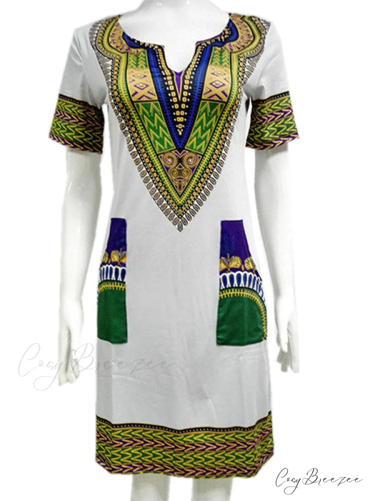 Vintage Mini Hippie Print Shirt Dress for Women M / White