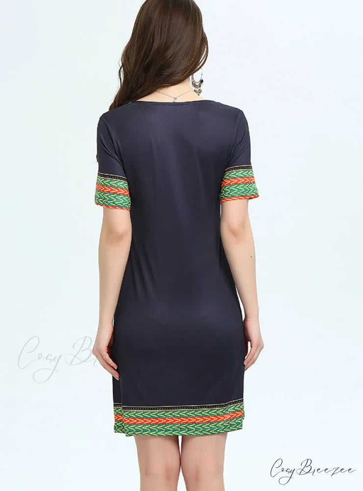 Vintage Mini Hippie Print Shirt Dress for Women S / Black