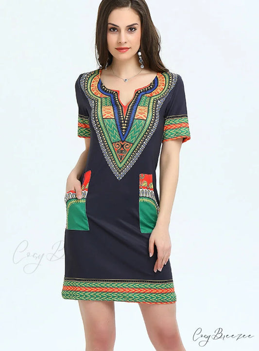 Vintage Mini Hippie Print Shirt Dress for Women S / White