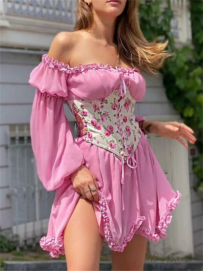 Vintage Off-Shoulder A-Line Bandage Dress Rose Red / S floraldress-250126