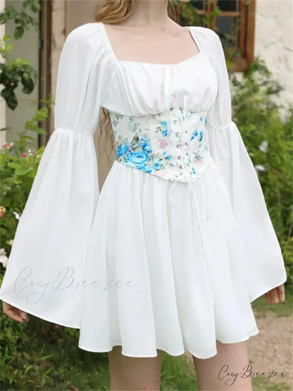 Vintage Off-Shoulder A-Line Bandage Dress WHITE / S floraldress-250126