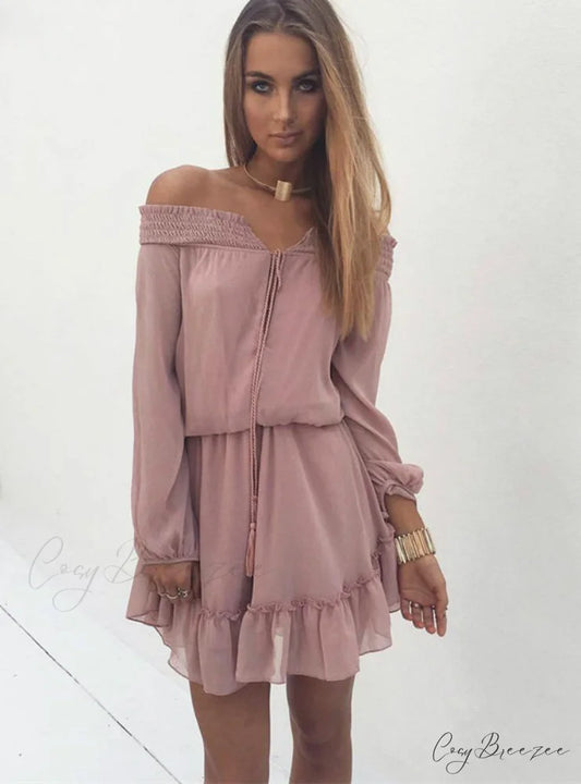 Vintage Off Shoulder Chiffon Dress with Long Lantern Sleeves S / Green