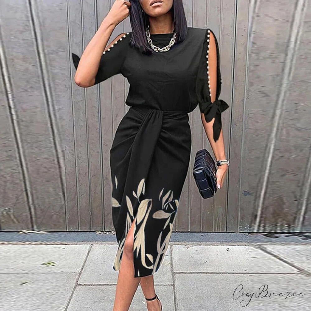 Vintage Out Party Half Gown Design Patchwork Warm-Season Round Neck Elegant Women Slim Casual Arm Hollow Dress 01 Black