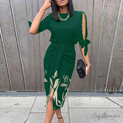 Vintage Out Party Half Gown Design Patchwork Warm-Season Round Neck Elegant Women Slim Casual Arm Hollow Dress 01 Green