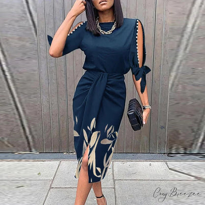 Vintage Out Party Half Gown Design Patchwork Warm-Season Round Neck Elegant Women Slim Casual Arm Hollow Dress 01 Navy