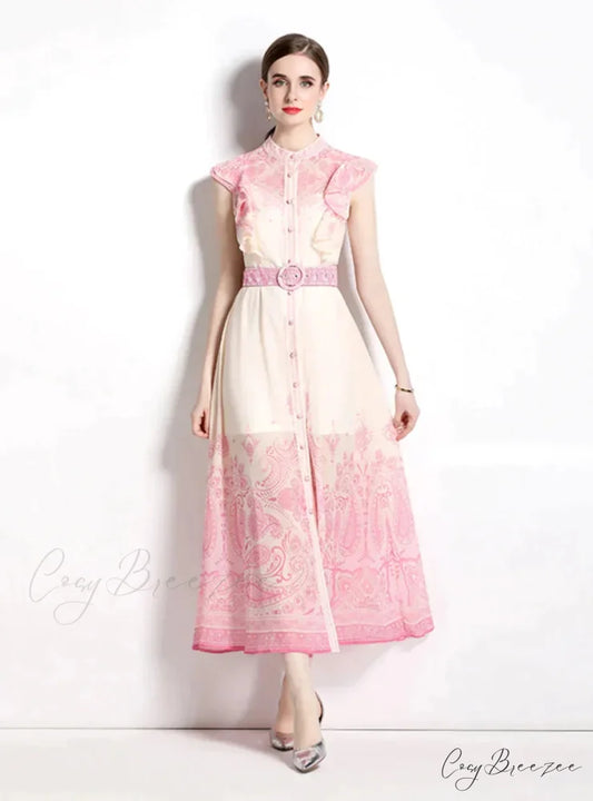 Vintage Palace Style Printed Dress with Single-Breasted Design