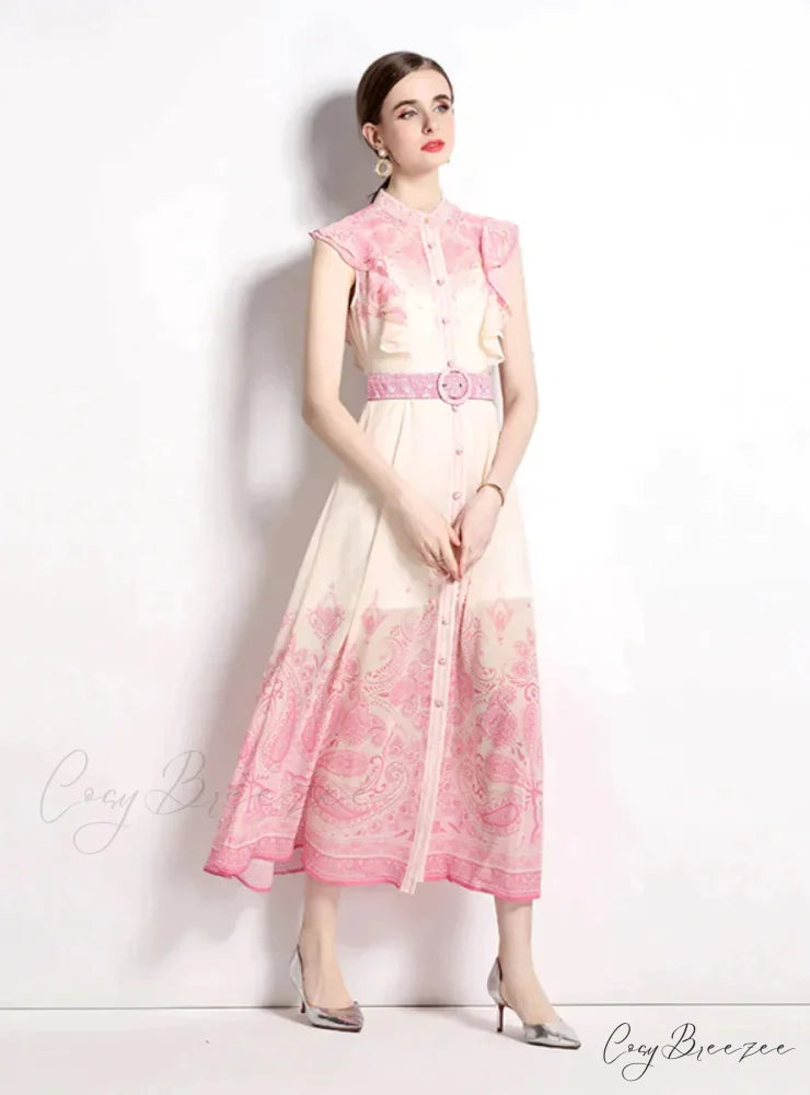 Vintage Palace Style Printed Dress with Single-Breasted Design