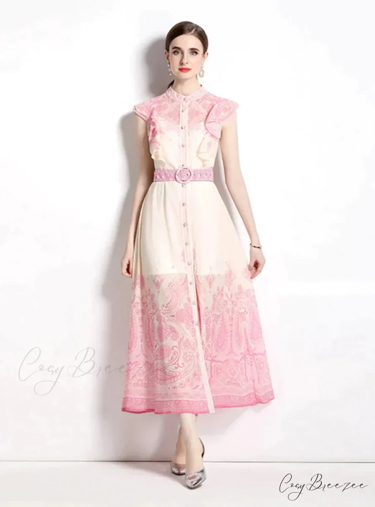 Vintage Palace Style Printed Dress with Single-Breasted Design