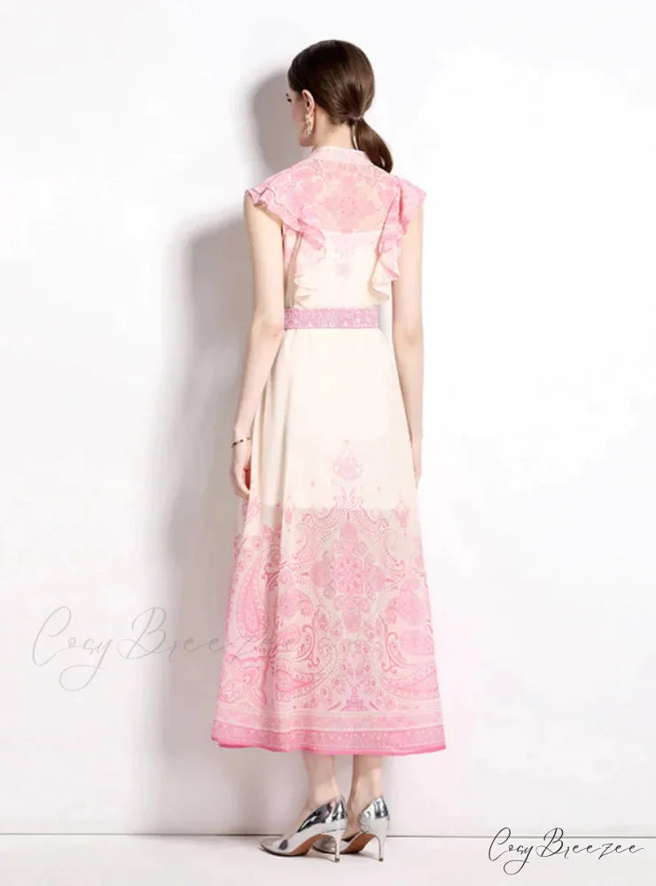 Vintage Palace Style Printed Dress with Single-Breasted Design