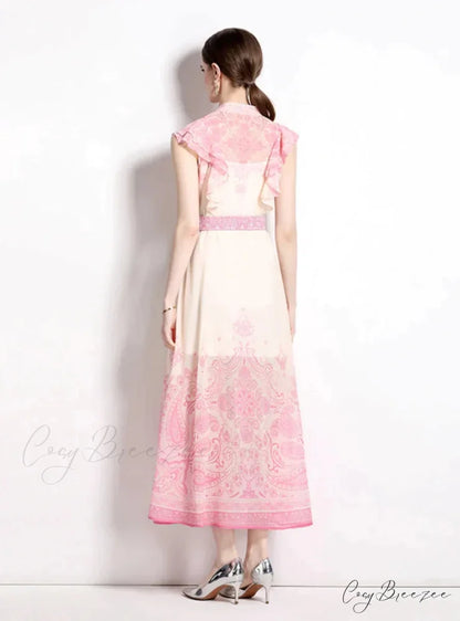 Vintage Palace Style Printed Dress with Single-Breasted Design