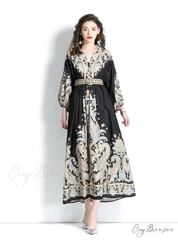 Vintage Palace V-Neck Lantern Sleeve Print Dress L / black