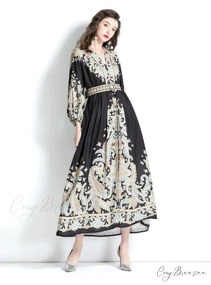 Vintage Palace V-Neck Lantern Sleeve Print Dress M / white