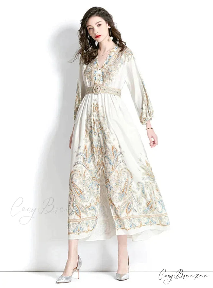 Vintage Palace V-Neck Lantern Sleeve Print Dress S / black
