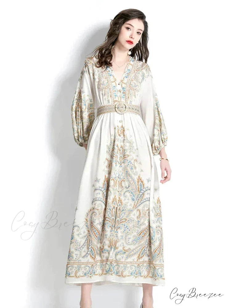 Vintage Palace V-Neck Lantern Sleeve Print Dress S / white